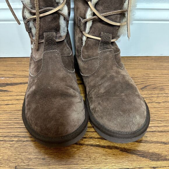 UGG Whitley Tall Brown Suede Boots Lace Up Sheepskin Wool Lining Size 7 Clean - Picture 4 of 9